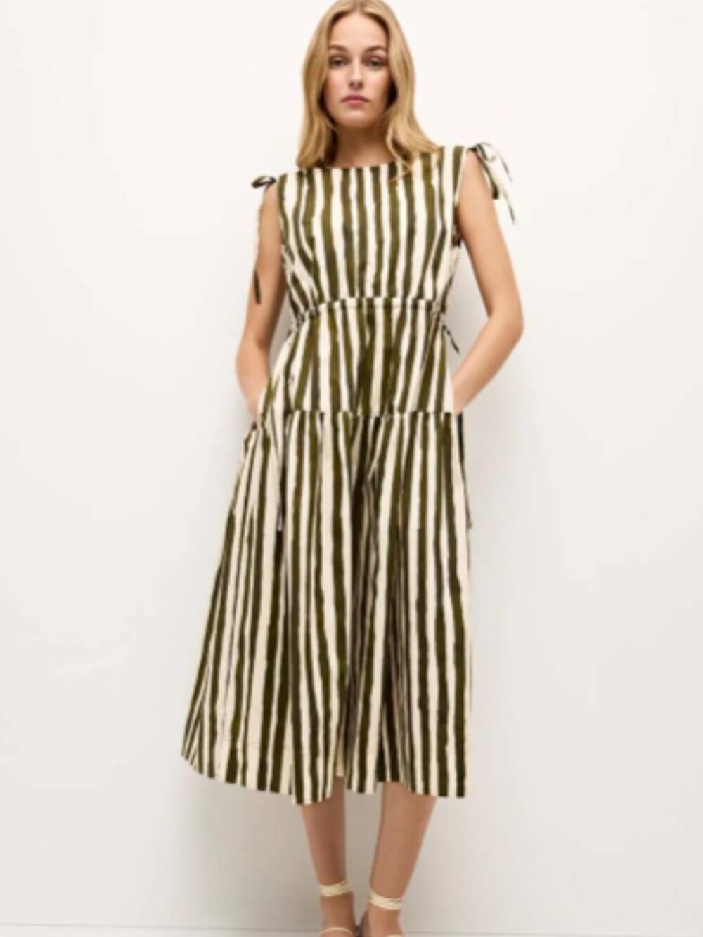 Marie Oliver Women's Green White Striped Tiered Cotton Sleeveless Dress Size M
